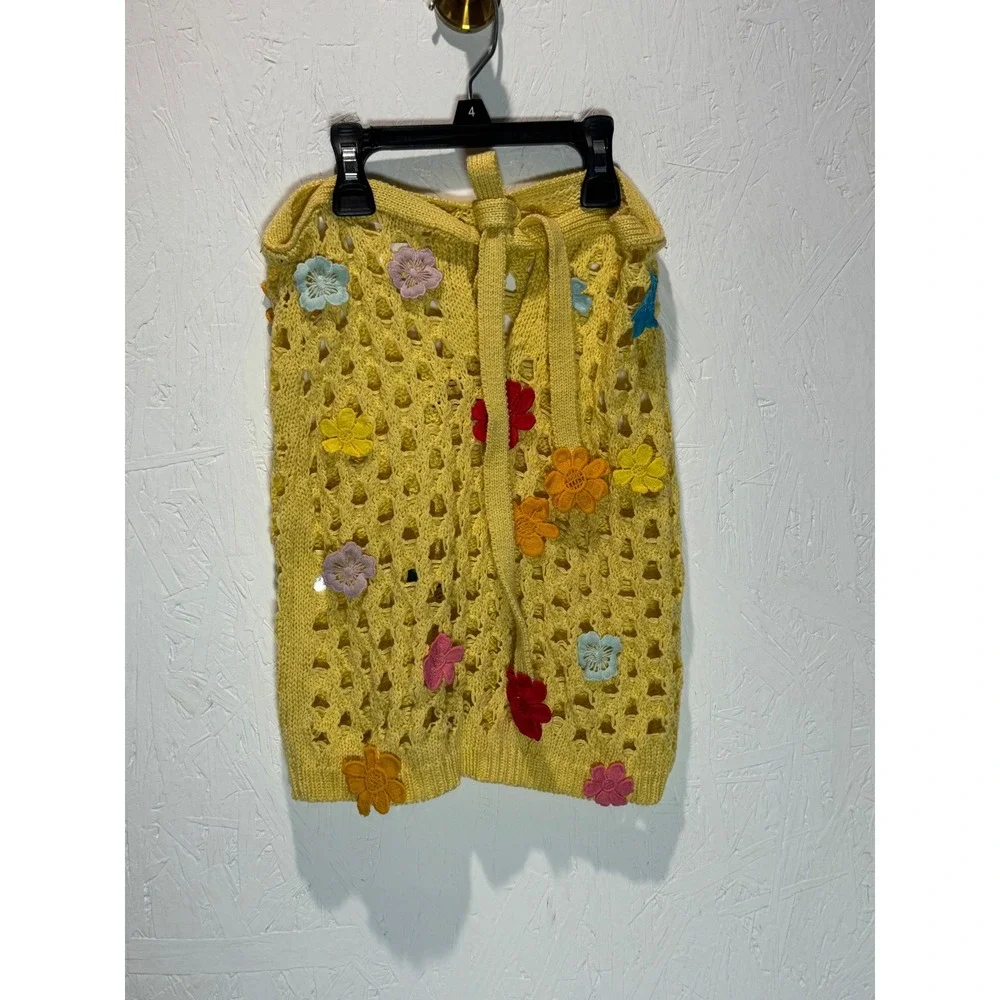 Lovers and Friends Yellow Flower Power Crochet 2 Piece Set Crop Top Skirt XXS